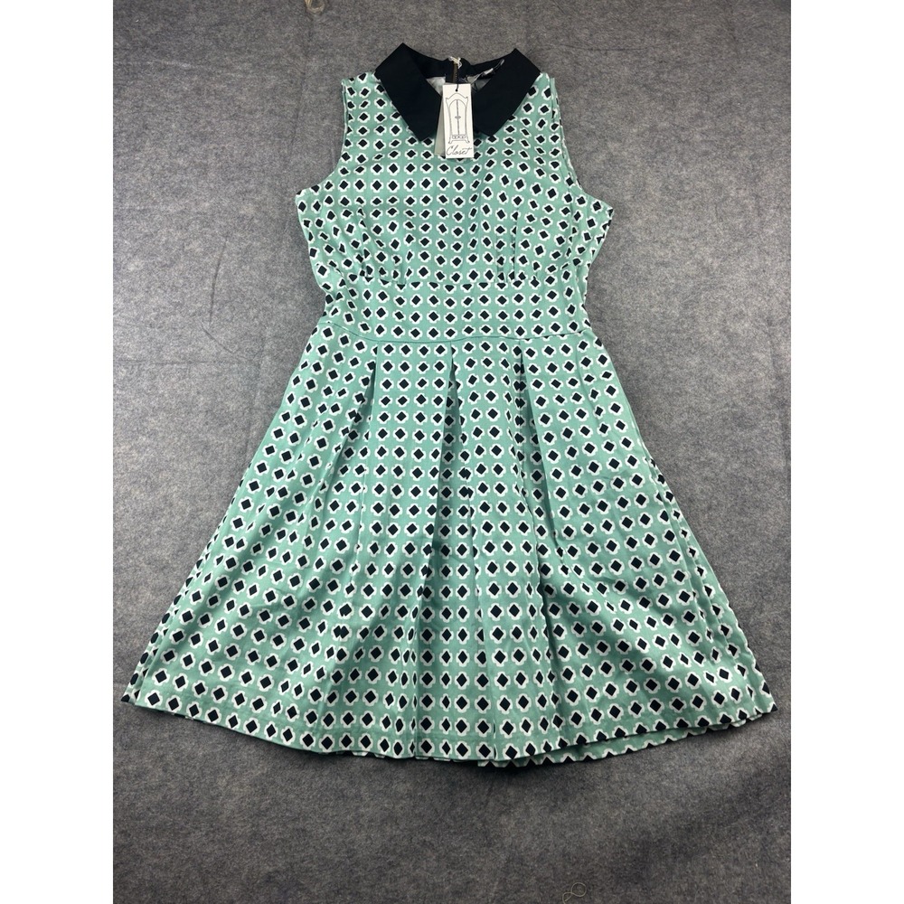 Closet London Size 8 US Fit & Flare Dress Green Black Collared Retro‎ French NWT
